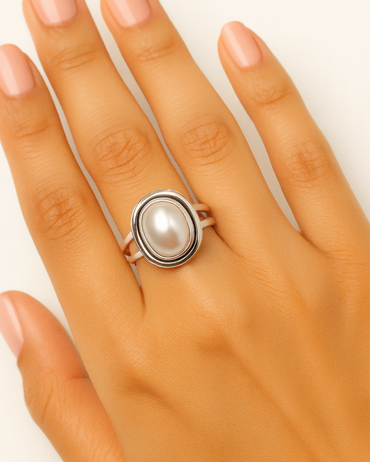 Oval Framed Freshwater Pearl Ring - Size 8