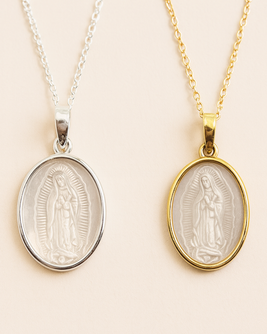 Our Lady of Guadalupe Mother of Pearl Pendant - Silver & Gold