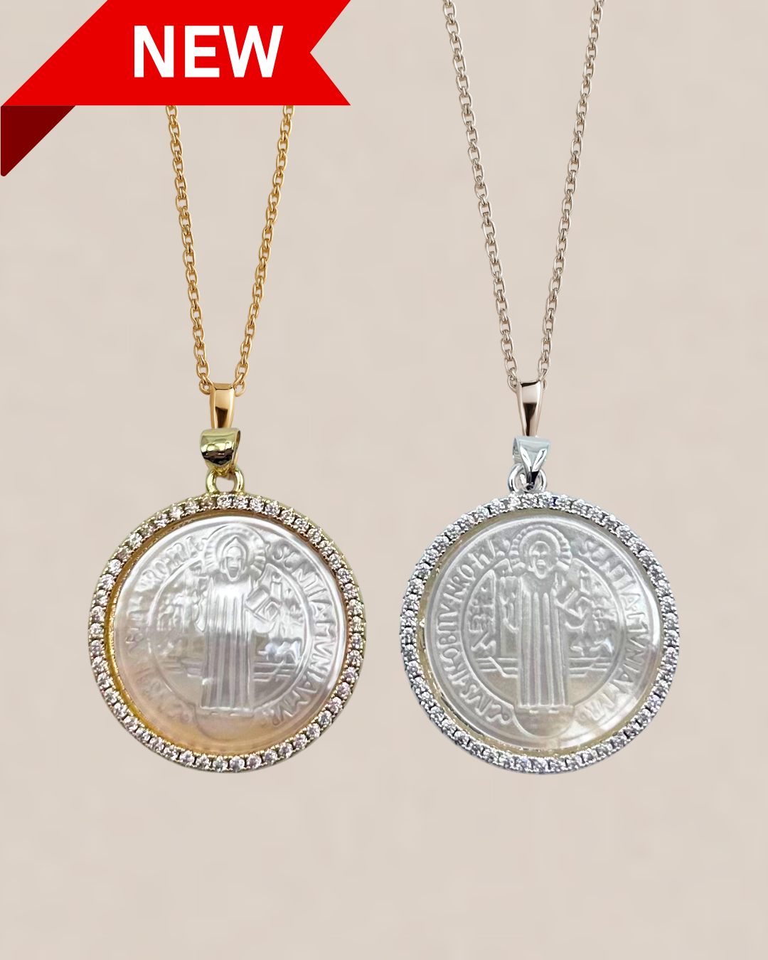 St. Benedict Medal Mother of Pearl Pendant – Silver & Gold