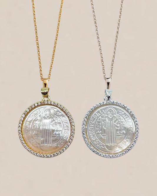 St. Benedict Medal Mother of Pearl Pendant – Silver & Gold