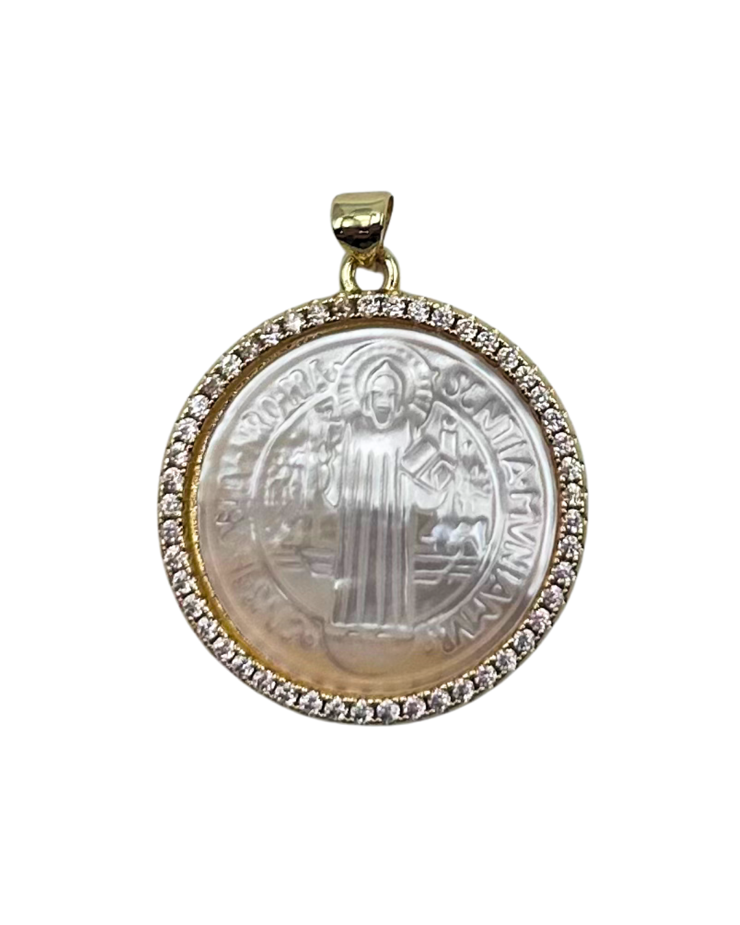 St. Benedict Medal Mother of Pearl Pendant – Silver & Gold