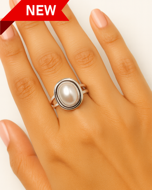 Oval Framed Freshwater Pearl Ring - Size 8