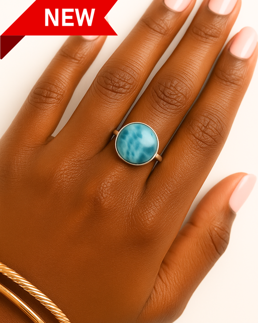 Round Larimar Ring - Size 8