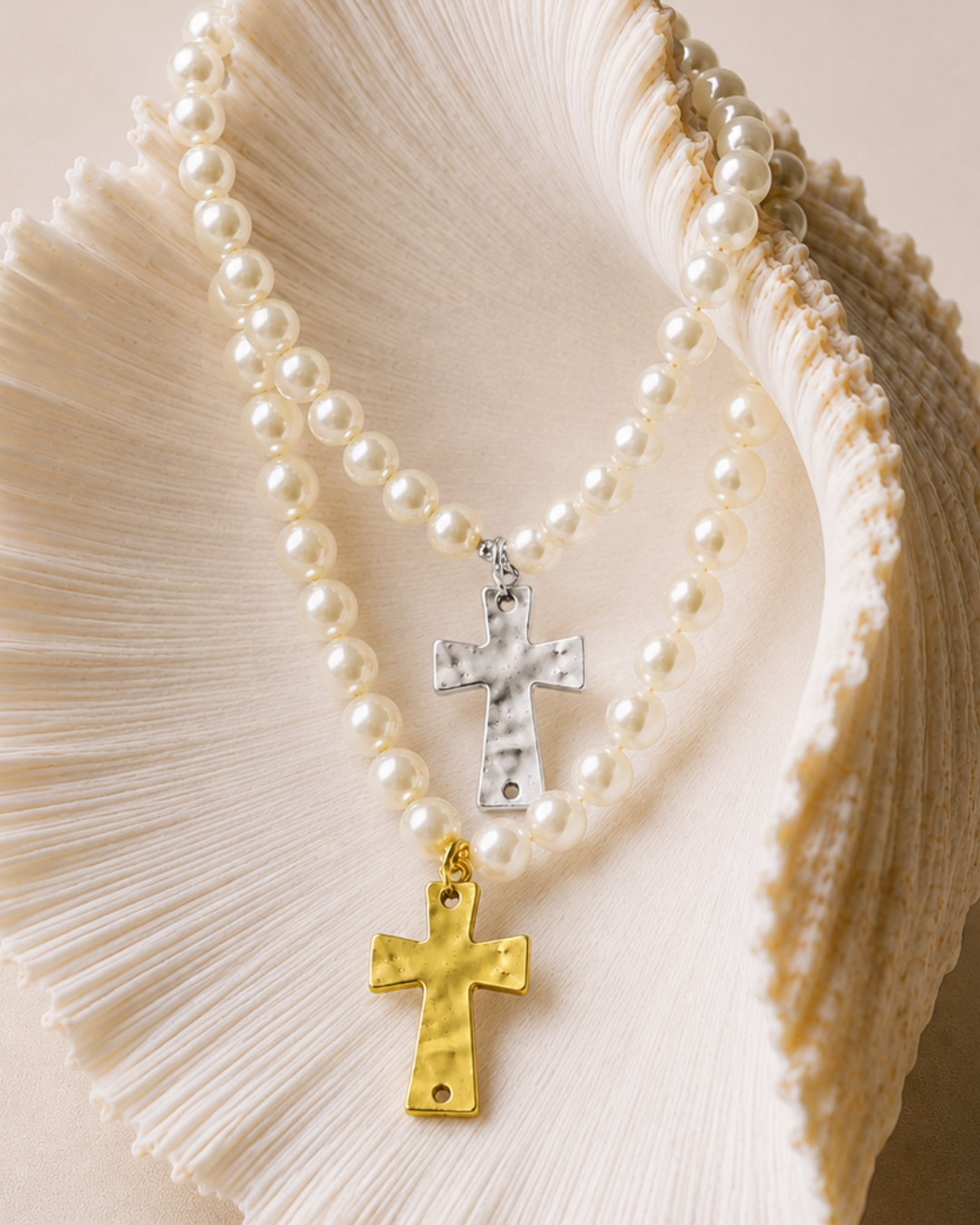 Pearl & Copper Crucifix Necklace
