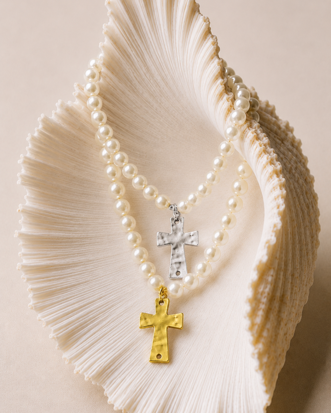 Pearl & Copper Crucifix Necklace