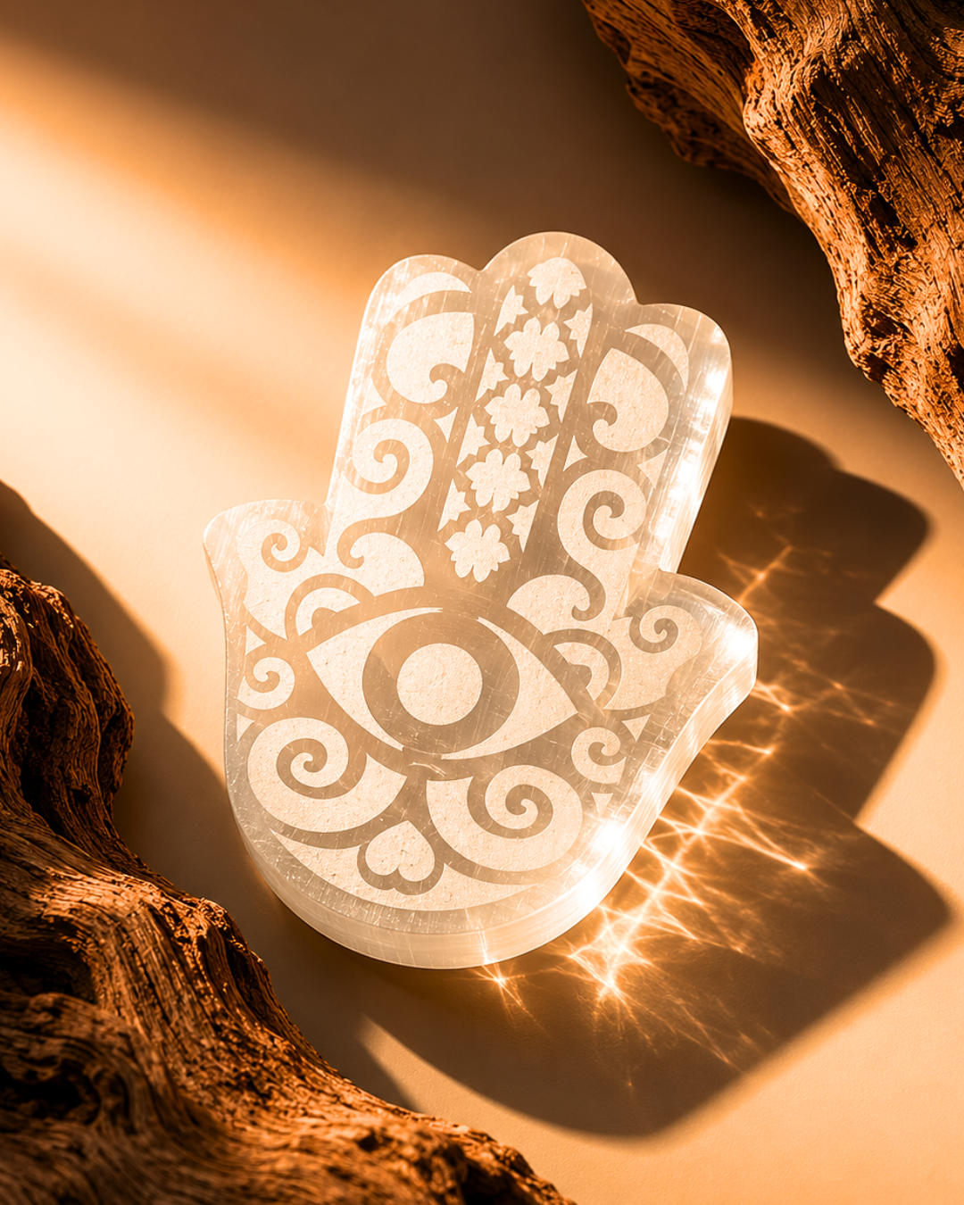 Selenite Designed Hand of Fatima