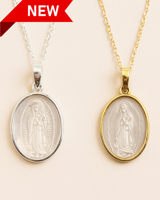 Our Lady of Guadalupe Mother of Pearl Pendant - Silver & Gold