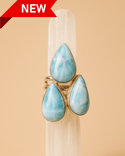 Adjustable Tear Drop Larimar Rings